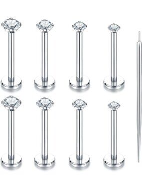 Threadless Push-In Lip Rings 16G/18G/20G - CZ Studs & Stainless Steel Cartilage
